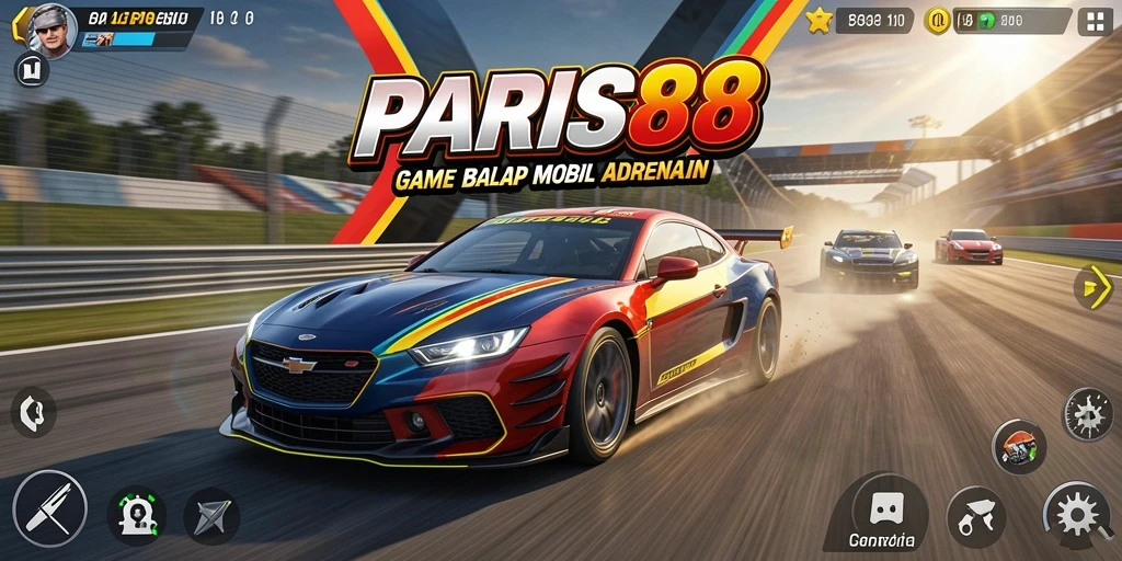 Tampilan gameplay PARIS88 dengan mobil balap melaju di lintasan menantang.