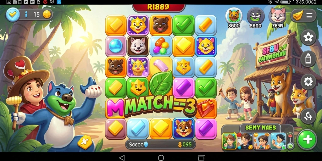 Screenshot menampilkan gameplay seru dalam RI889, permainan Match-3 yang mengasyikkan.