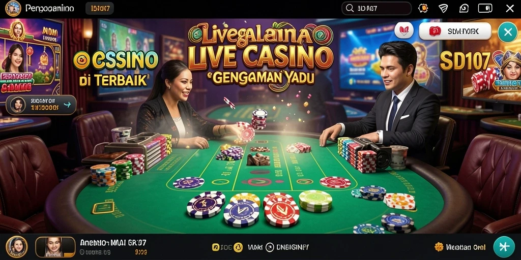 Screenshot SD107 menampilkan gameplay seru dengan dealer langsung dan pemain aktif.